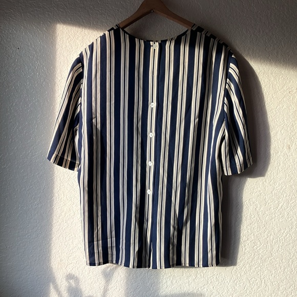 Dana Buchman 100% Silk Navy & Cream Stripes Nautica Mid-Sleeves Blouse womens 14 - Picture 7 of 13